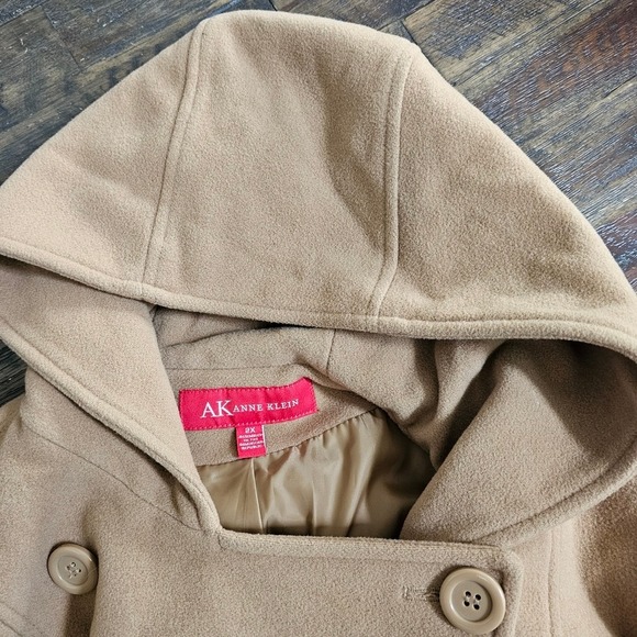 AK Anne Klein 2X Double Breasted Hooded Wool Blend Pea Coat Jacket Tan Classic ~ - Picture 6 of 13